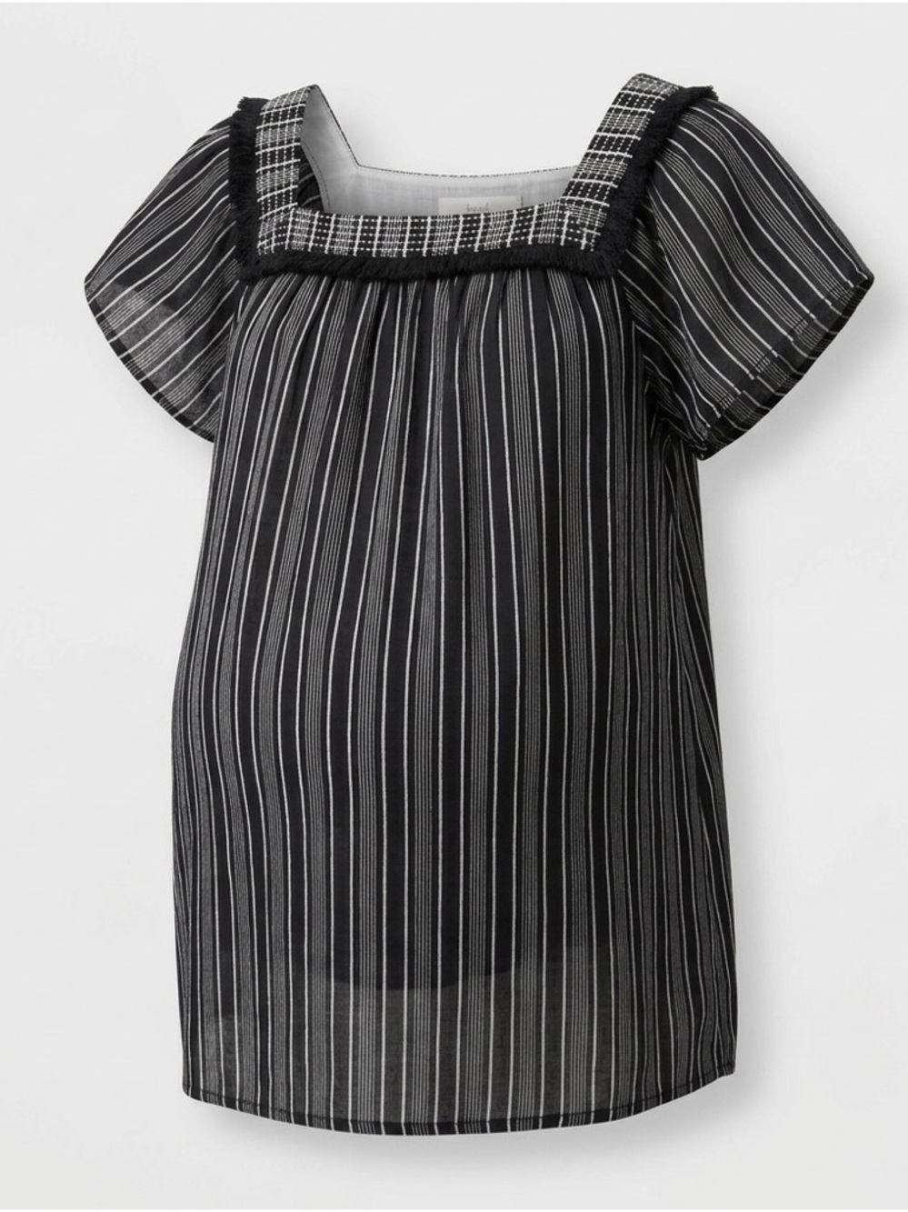 Isabel Maternity Black White Striped Top Square Neck Embroidered Trim Medium